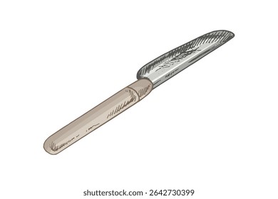 Color vintage illustration of butter knife with wooden handle. Hand drawn kitchen utensil for food prep, rustic cooking, breakfast scenes and culinary projects in engraving style.