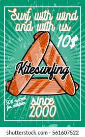 Color vintage kitesurfing banner. Vector illustration. Summer sea, ocean and sunlight background.