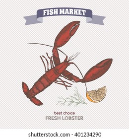 Color vintage lobster sketch. Fish market series. Great for markets, grocery stores, organic shops, food label design. 