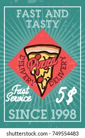 Color vintage pizza delivery banner with design elements. Vector illustration, EPS 10