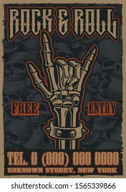 Color vintage poster on the theme of rock and roll with rock hand sign on the skulls background.