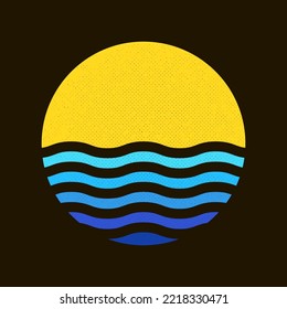 color vintage simple flat art round sign of sun over water waves