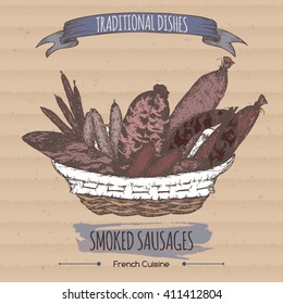 Color vintage smoked sausages sketch placed on cardboard background. French cuisine. Traditional dishes series. Great for meat stalls, grocery stores, organic shops, food label design. 