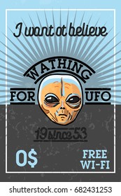 Color vintage UFO banner with design elements. Vector illustration, EPS 10