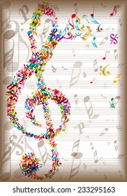 color vintage vector music notes background with bright clef made of music elements