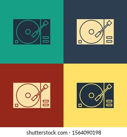 Color Vinyl player with a vinyl disk icon isolated on color background. Vintage style drawing. Vector Illustration