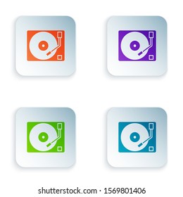 Color Vinyl player with a vinyl disk icon isolated on white background. Set icons in colorful square buttons. Vector Illustration