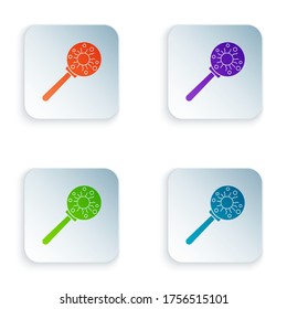 Color Virus under magnifying glass icon isolated on white background. Corona virus 2019-nCoV. Bacteria and germs, microbe, fungi. Set colorful icons in square buttons. Vector Illustration