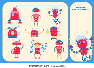 Color visual puzzle page for preschool kids. Find identical images game. Robots for children.
