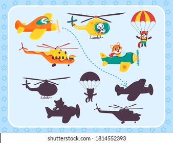 Color visual puzzle page for preschool kids. Find the correct shadow game. Matching. Transport for children.