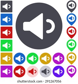 Color volume down icon, button, symbol set. Square, circle and pin versions.