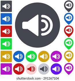 Color volume up icon, button, symbol set. Square, circle and pin versions.