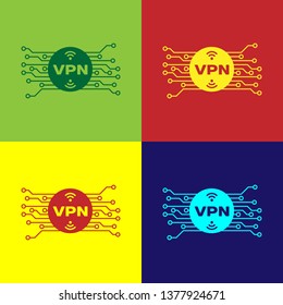 Color VPN in circle with microchip circuit icon isolated on color backgrounds. Vector Illustration