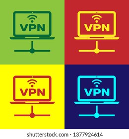 Color VPN Computer network icon isolated on color backgrounds. Laptop network. Internet connection. Vector Illustration