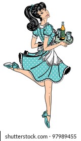 color waitress in retro style brings beer order