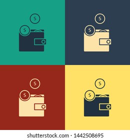 Color Wallet with coins icon isolated on color background. Purse icon. Cash savings symbol. Vintage style drawing. Vector Illustration