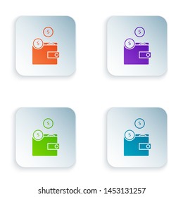 Color Wallet with coins icon isolated on white background. Purse icon. Cash savings symbol. Set icons in colorful square buttons. Vector Illustration