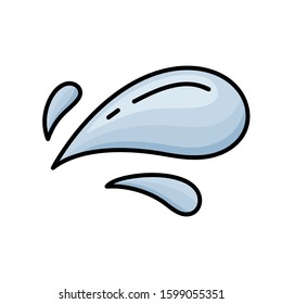 Color water drop icon. Hand drawn cartoon illustration of aqua. Symbol of splashing liquid in doodle style. Isolated vector. Set of three blue droplets