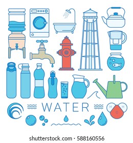 Color Water Elements Set In Thin Line Style. Vector Illustration With Symbols.