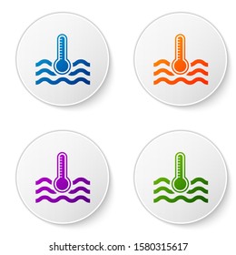 Color Water thermometer measuring heat and cold icon isolated on white background. Thermometer equipment showing hot or cold weather. Set icons in circle buttons. Vector Illustration