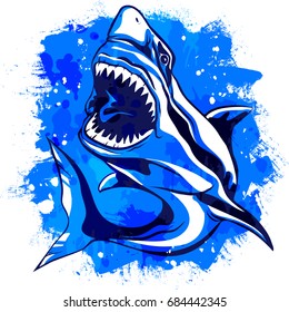 Color watercolor aggressive shark with open mouth