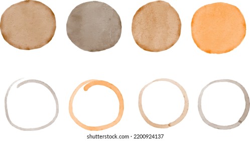 Color watercolor circle dots set. Vector smear watercolour splash stain. Round pastel hand drawn watercolor background with blue, pink, brown ink color.