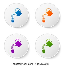 Color Watering can sprays water drops above flower in pot icon isolated on white background. Irrigation symbol. Set icons in circle buttons. Vector Illustration