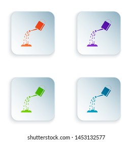 Color Watering can with water icon isolated on white background. Watering a sprout. Irrigation symbol. Set icons in colorful square buttons. Vector Illustration