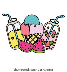 color watermelons with smoothies beverages and ice cream