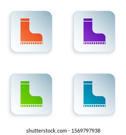 Color Waterproof rubber boot icon isolated on white background. Gumboots for rainy weather, fishing, gardening. Set icons in square buttons. Vector Illustration