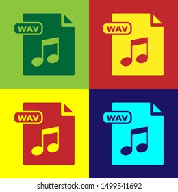 Color WAV file document. Download wav button icon isolated on color background. WAV waveform audio file format for digital audio riff files.  Vector Illustration