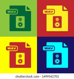 Color WAV file document. Download wav button icon isolated on color background. WAV waveform audio file format for digital audio riff files.  Vector Illustration