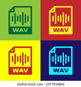 Color WAV file document icon. Download wav button icon isolated on color backgrounds. WAV waveform audio file format for digital audio riff files. Vector Illustration