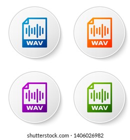 Color WAV file document icon. Download wav button icon isolated on white background. WAV waveform audio file format for digital audio riff files. Set icons in circle buttons. Vector Illustration