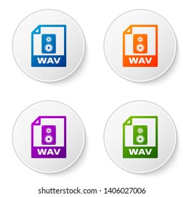 Color WAV file document icon. Download wav button icon isolated on white background. WAV waveform audio file format for digital audio riff files. Set icons in circle buttons. Vector Illustration