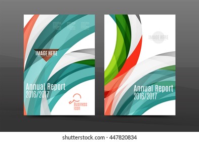 Plantilla de impresión empresarial A4 de fondo abstracto con ondas de color. Portada de folletos o informes anuales, disposición del volante de actividades vectoriales, afiche abstracto geométrico, ilustración de identidad