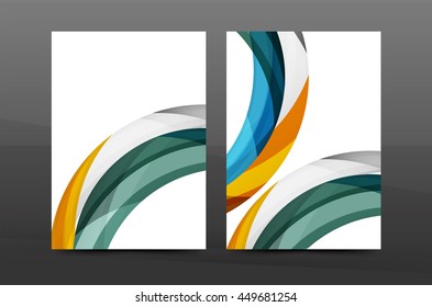 Plantilla de impresión empresarial A4 de fondo abstracto con ondas de color. Portada de folletos o informes anuales, disposición del volante de actividades vectoriales, afiche abstracto geométrico, ilustración de identidad