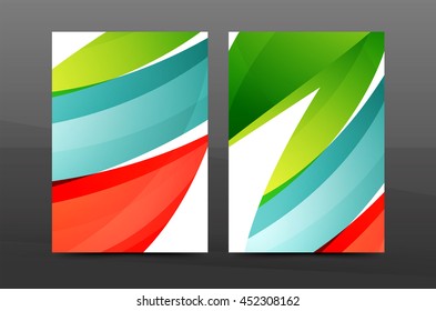 Plantilla de impresión empresarial A4 de fondo abstracto con ondas de color. Portada de folletos o informes anuales, disposición del volante de actividades vectoriales, afiche abstracto geométrico, ilustración de identidad