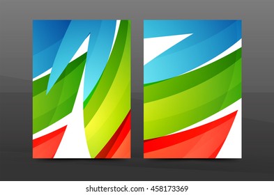 Plantilla de impresión empresarial A4 de fondo abstracto con ondas de color. Portada de folletos o informes anuales, disposición del volante de actividades vectoriales, afiche abstracto geométrico, ilustración de identidad