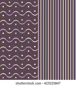 Color waves made from multicolor segments with multicolor circles among waves from one side and vertical multicolor lines from the other side. Vector illustration.