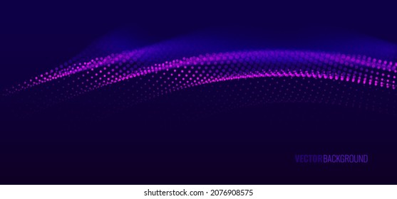 Color Wavy Particles Surfac. Abstract Music Technology or Science Banner. Cyber Space Business Background. Particles with DOF Effect. Vector Illustration.