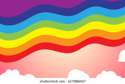 Color wavy rainbow with clouds and gradient background. Vector Illustration.