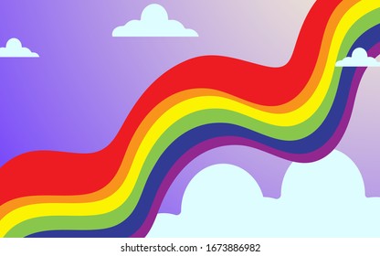 Arcoíris ondulados en color con nubes y fondo degradado. Ilustración vectorial.