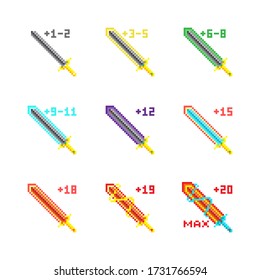 Color of weapon upgrade in each level of pixel game on white background. Sword.