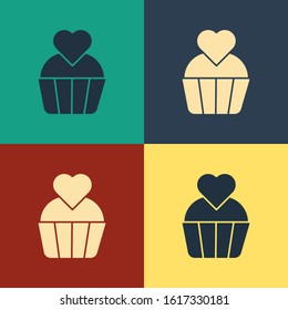 Color Wedding cake with heart icon isolated on color background. Valentines day symbol. Vintage style drawing. Vector Illustration