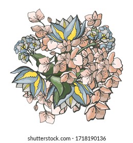 Color wedding composition with hand-drawn flowers. Vector illustration