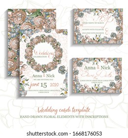 Color wedding invitations template set with hand drawn flowers and ihscriptions