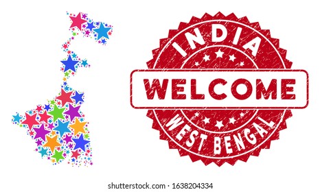 Color West Bengal State map composition of stars, and grunge round red WELCOME seal. Abstract territorial plan in bright color tinges. Vector West Bengal State map is designed from color stars.