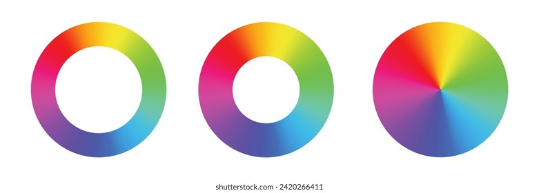 Rueda de color con 12 colores en graduación. Los tonos de color giran alrededor de un círculo o disco. Ilustración de vectores con gradiente de espectro de luz arco iris