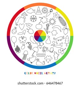 Color wheel, activity for coloring children, with objects of different shapes. Teaching color science for kids. Vector illustration, isolated. Red; orange; yellow; green; blue; purple.
